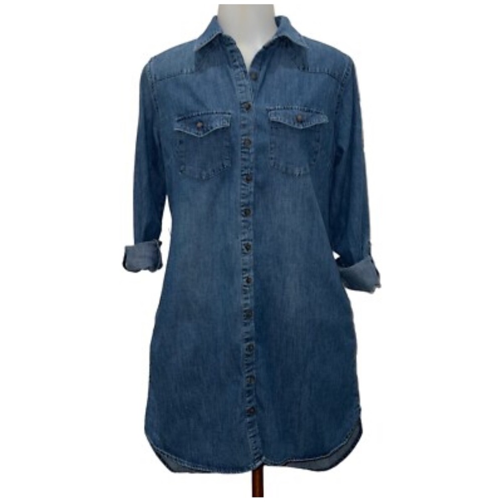 Coastal Blue Denim Cotton‎ Shirt Dress Small Western Button Down Tunic Pocket
